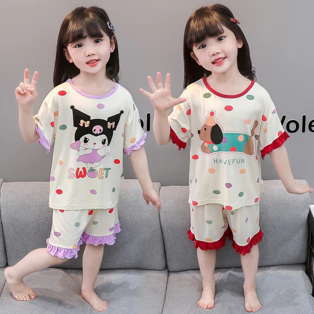 女童莫代尔睡衣新款儿童夏季家居服套装宽松女孩宝宝薄款花边套装