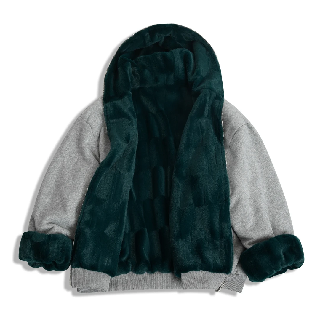 2025冬季仿貂绒祖母绿双面穿加绒加厚新款撞色男女同款宽松外套