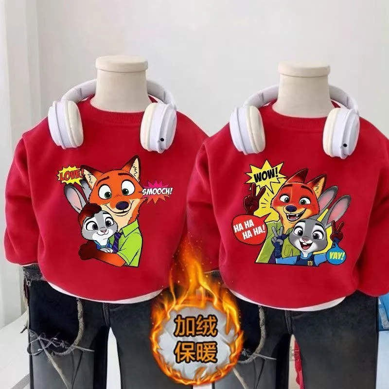 新年加绒卫衣连朱迪红色一体绒宝宝童装印花新款洋气秋冬儿童上衣