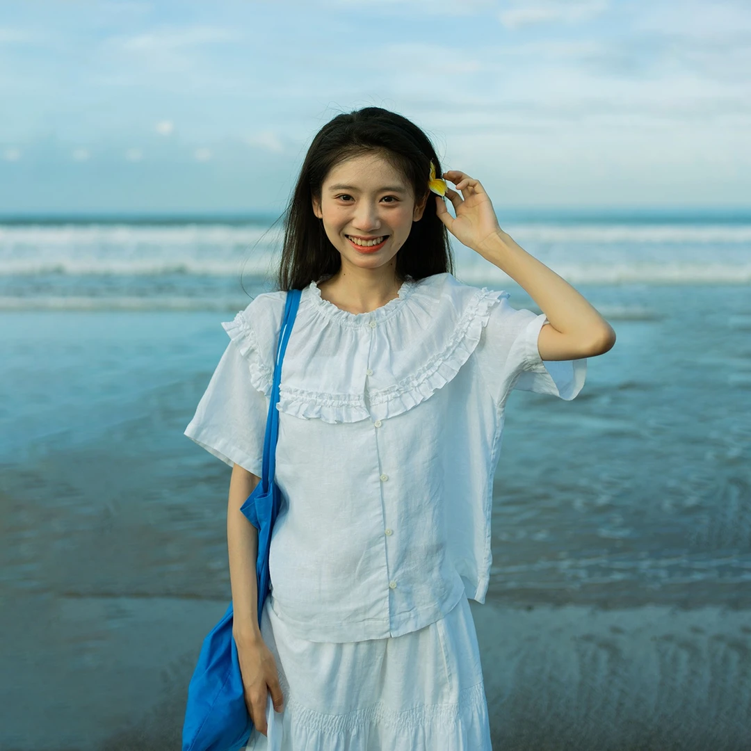 古苔日系胶片感木耳边衬衣 100亚麻夏日清透松弛感上衣 51穿搭女