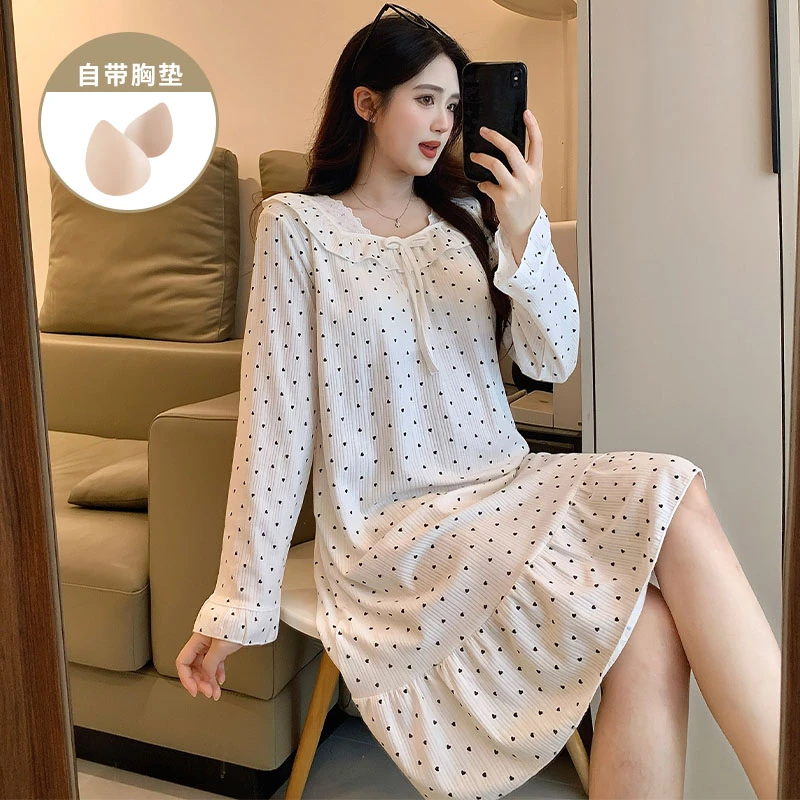 甜美风爱心女士长袖带胸垫睡裙春秋季爆款棉布裙子睡衣女款家居服