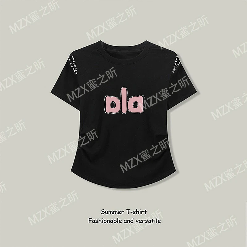 时尚修身短袖T恤女2025夏季新款字母植绒烫钻露肩气质显瘦女上衣