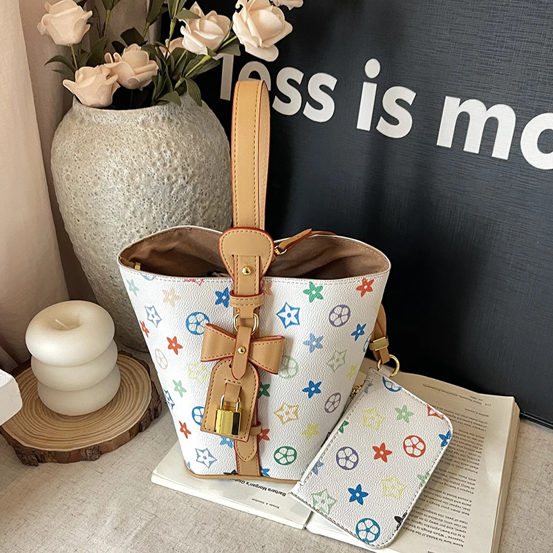 practicecozy时尚印花女士水桶包小众百搭子母包洋气单肩包斜挎包