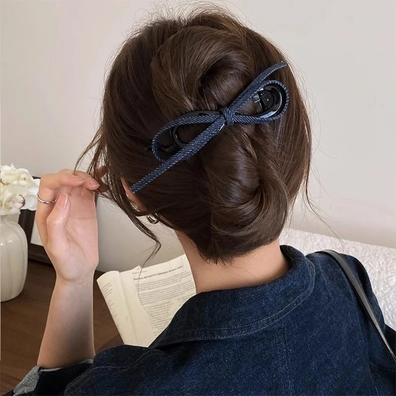 复古牛仔蝴蝶结扭扭夹女高级感2025新款一字抓夹后脑勺盘发夹hjb
