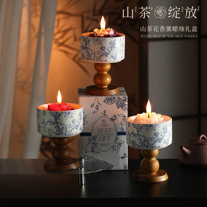蜡蕉匠青花瓷山茶花香薰蜡烛高级感蜡烛氛围感摆件跨境生日伴手礼