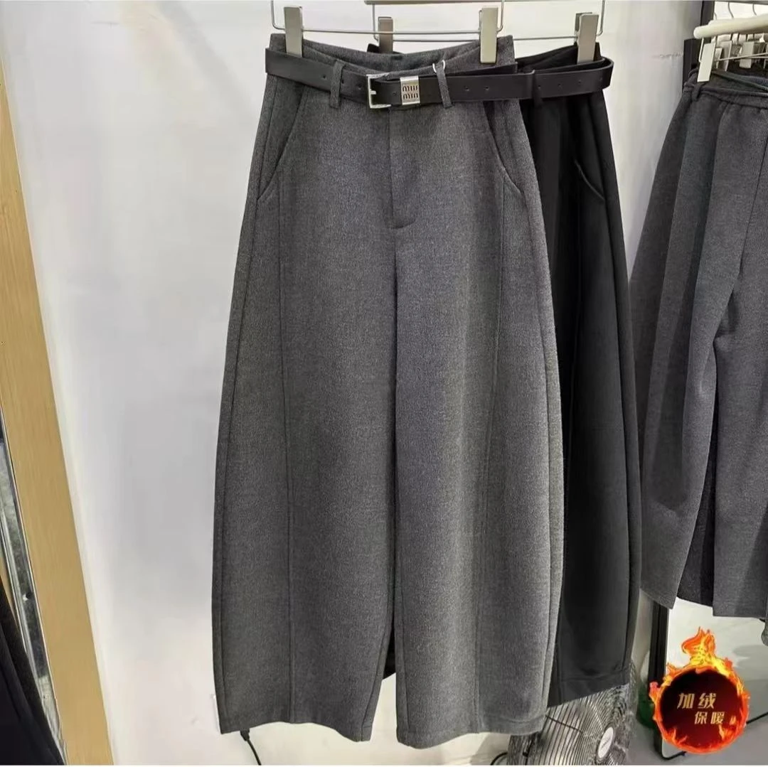 高级极简风秋冬新款加绒毛呢高腰弯刀直筒休闲裤女百搭西装阔腿裤