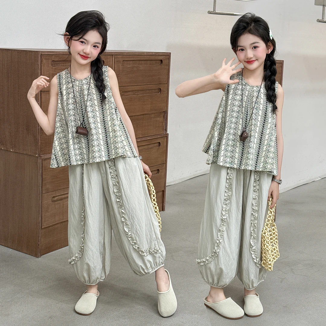 女童夏装背心灯笼裤两件套2025新款中大童洋气时髦儿童休闲套装潮