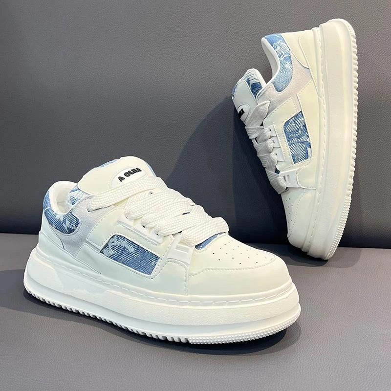 小白鞋男内增高夏季新款时尚运动休闲面包鞋牛仔布百搭厚底板鞋子