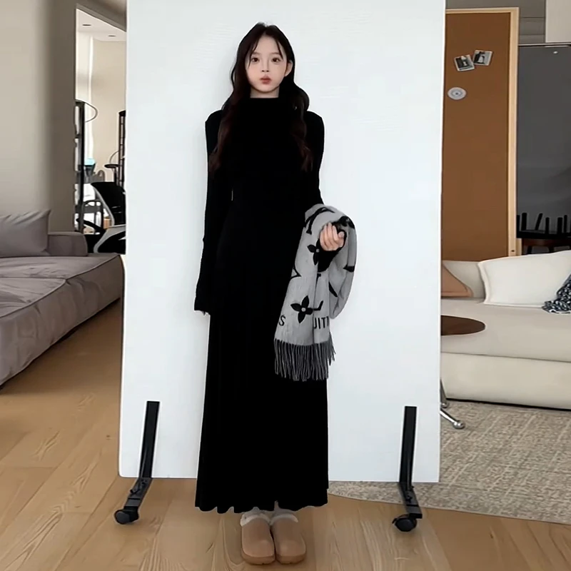 7083春夏2025新款配大衣内搭打底长裙小个子半高领针织连衣裙子女