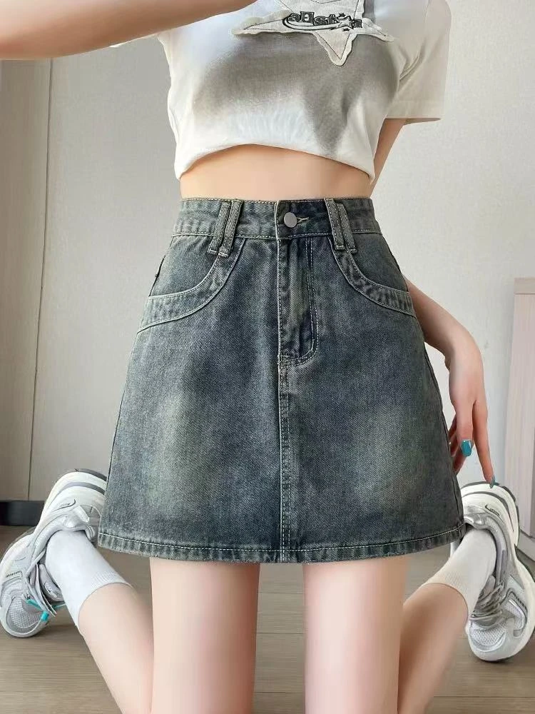 复古牛仔短裙女2025夏季新款美式高腰遮肉a字辣妹显瘦包臀半身裙