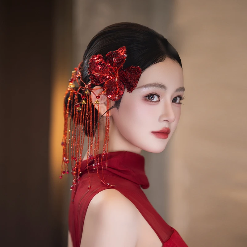 非金属布艺婚庆饰品 新中式新娘红色花朵设计感流苏侧边配饰D0608