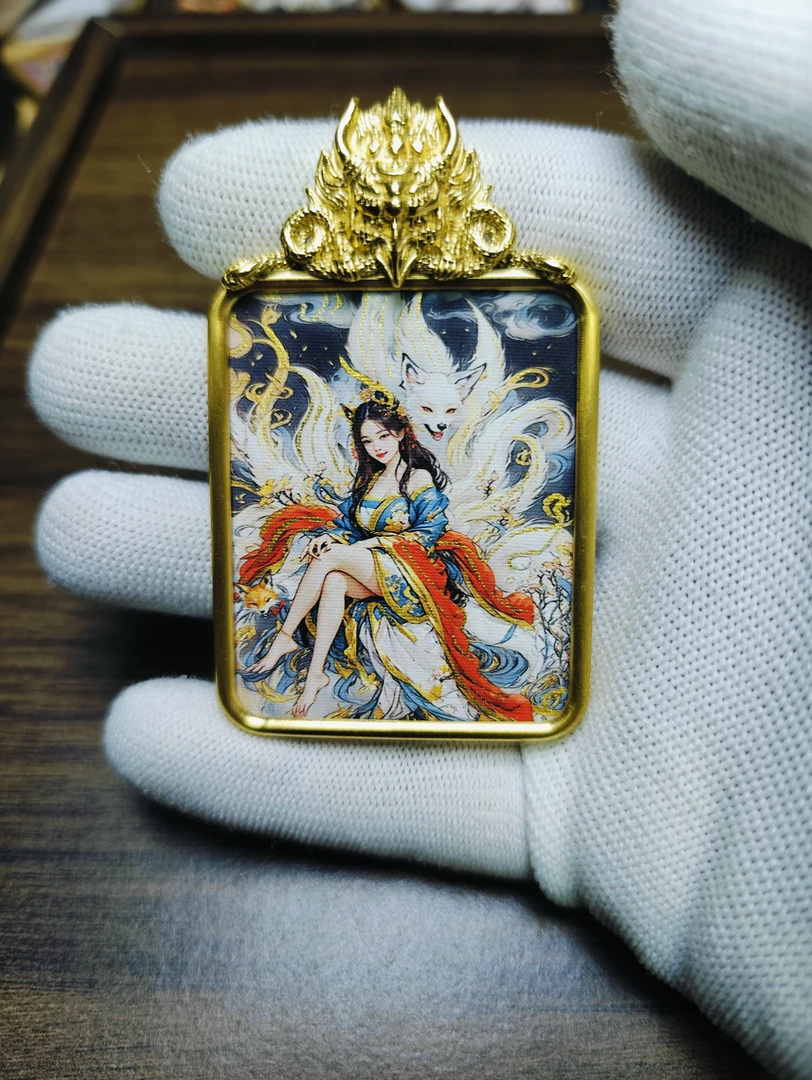 九尾狐 狐仙娘娘 手绘唐卡 随身佩戴人缘 魅力 桃花吊坠挂件车挂