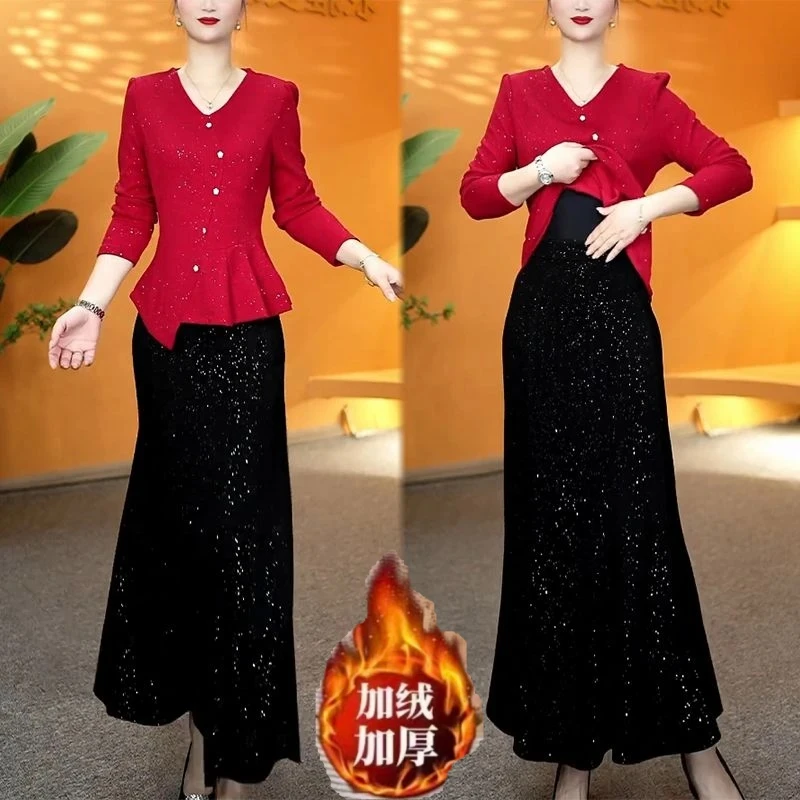 【运费险】时尚套装秋季新款洋气减龄显瘦妈妈装V领上衣半身裙套装