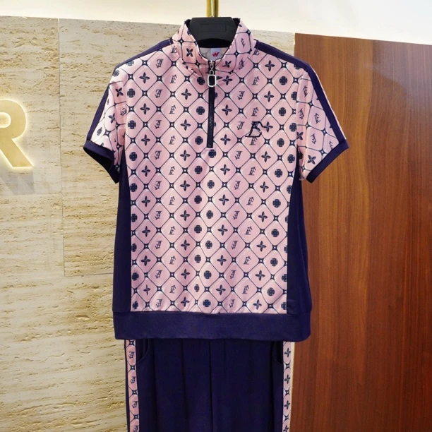 【粉深蓝VE立领短袖套装】舒适天丝罗马棉T恤时尚显瘦女夏休闲套装