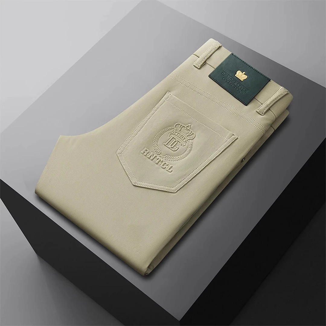 夏季薄款休闲裤男士2025新款设计感商务潮流冰丝刺绣修身纹理裤子