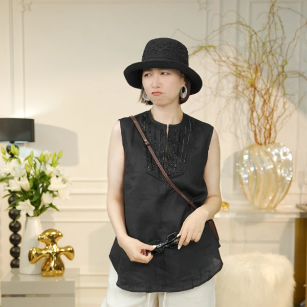 重工钉珠设计通勤外穿休闲百搭亚麻无袖上衣网红背心宽松黑色夏季