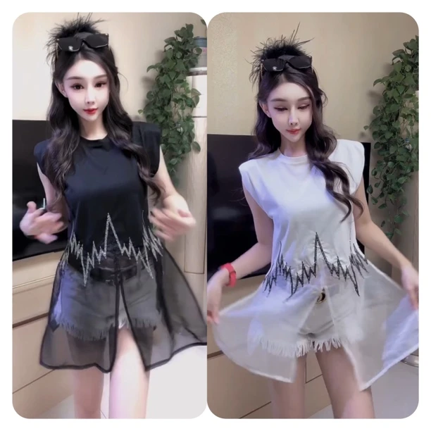 夏季女装2025新款设计感小众网纱拼接亮片重工高档圆领小坎肩上衣