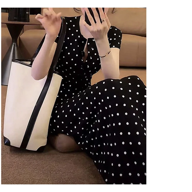 现货新款轻奢法式波点连衣裙OS one show黑色波点中长款连衣裙