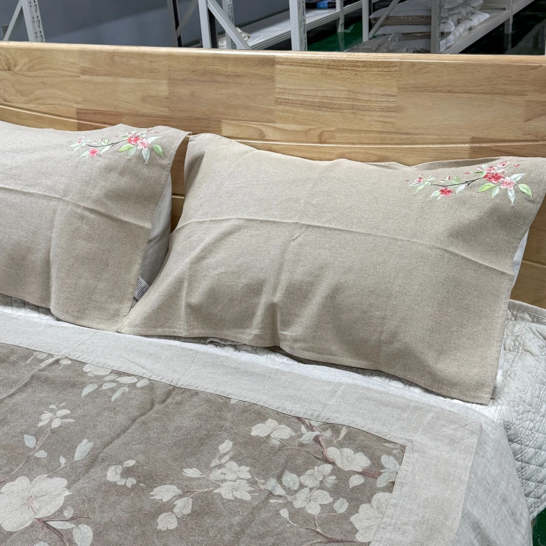 【麻代先生】罗布麻粉色花朵刺绣枕巾一对