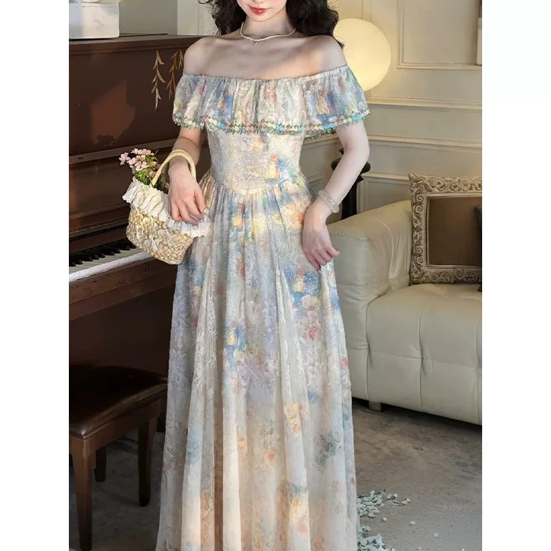 【莫奈花园】一字肩飞飞袖两穿油画感收腰显瘦法式长裙