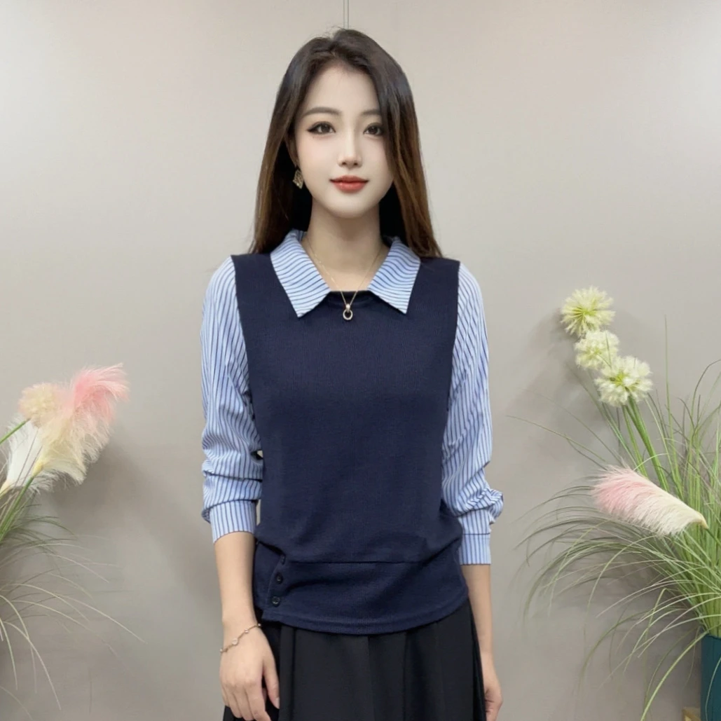 【KK】YLY89106秋季上新条纹拼接纯色马甲款气质百搭衬衫