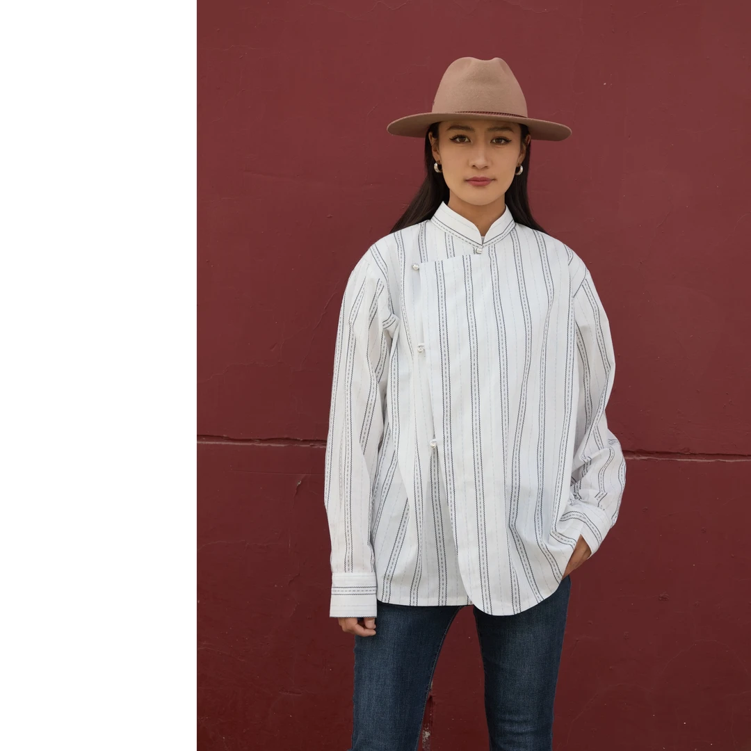 诺日原创民族服饰三色条纹休闲衬衫