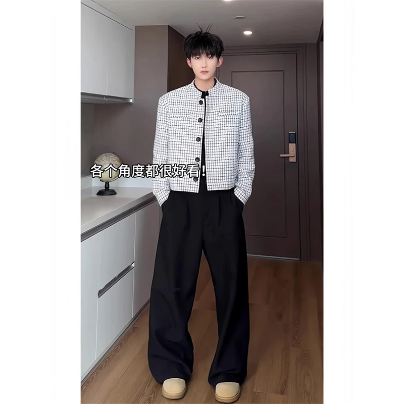 白色小香风短款外套男春秋男模穿搭千鸟格cleanfit垫肩西装高级感