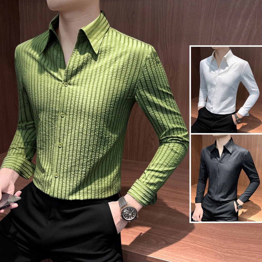 条纹泡泡衫衬衫长袖男款2025新款夏季高级感男装商务休闲男士衬衣