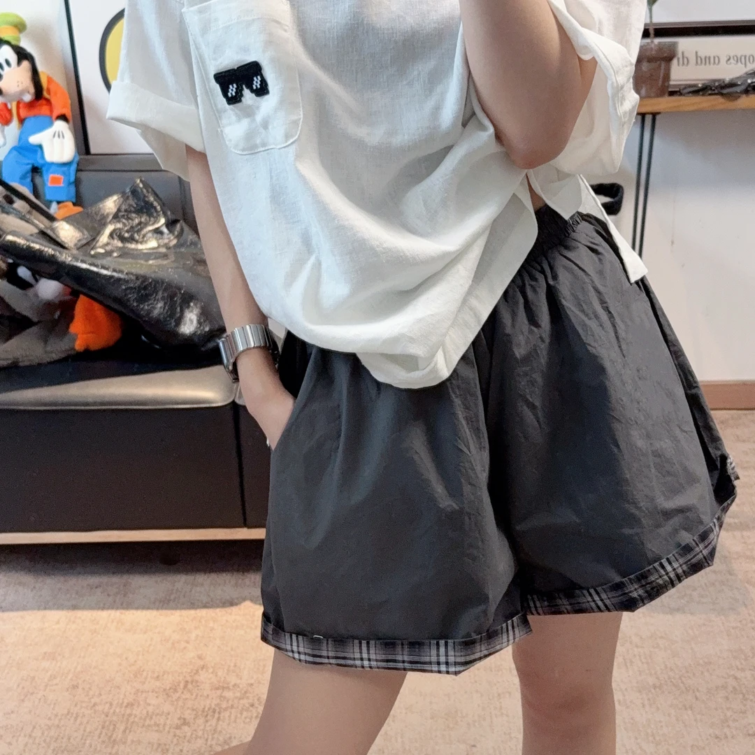 2025夏季新款设计款两面穿格子纯色四分裤短裤女宽松显瘦百搭高级