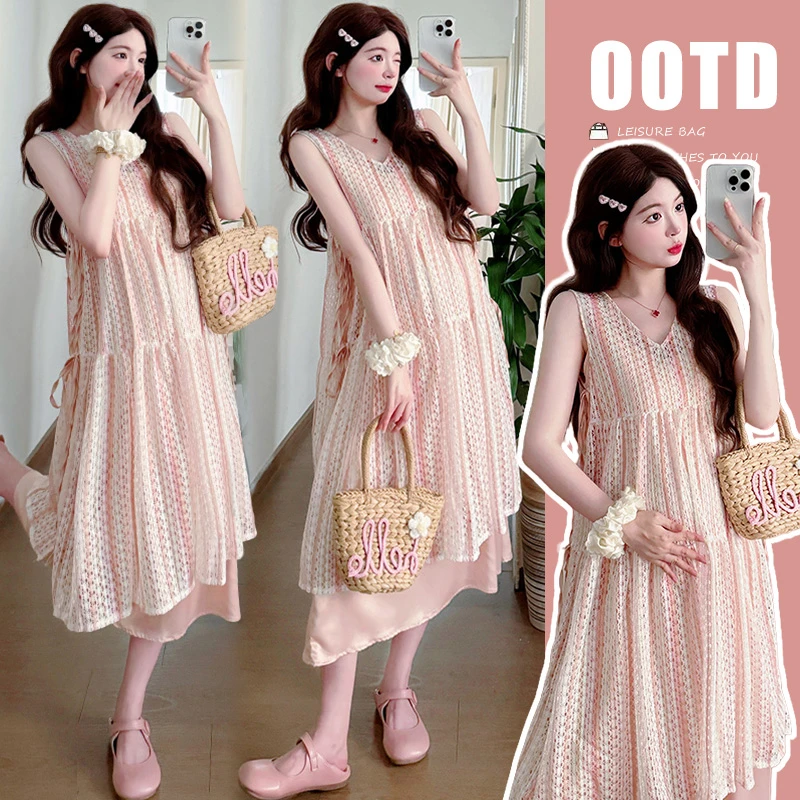 2025新款孕妇装夏装套装橘粉泰兰德V领古法钩针镂空两件套夏季女