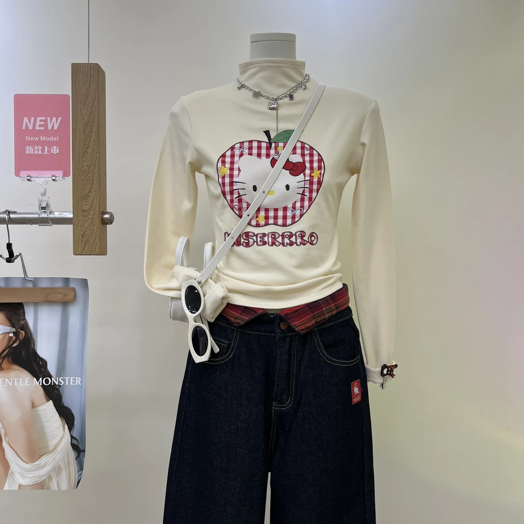 甜妹可爱猫咪立领长袖t恤女2025秋冬季新款修身加绒加厚减龄上衣