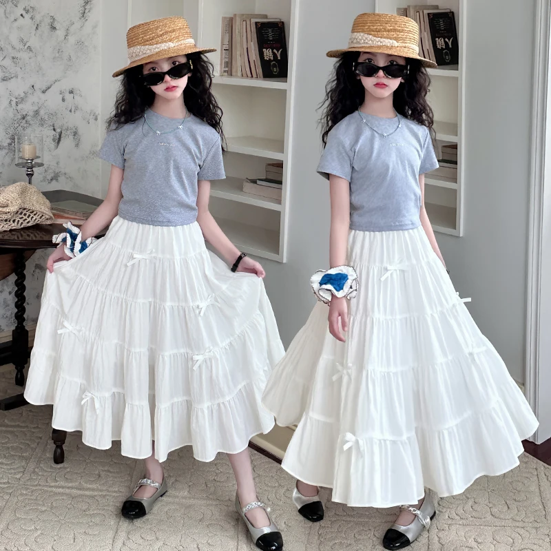 女童夏季新款白色蝴蝶结长裙中大童女孩衣服时尚时髦潮洋气公主裙