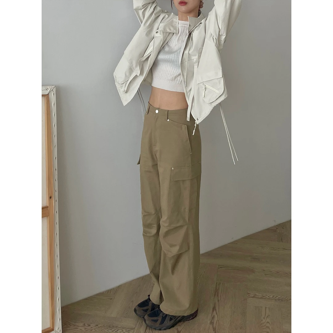 简约宽松工装休闲裤春秋秋季卡其色高腰遮肉显瘦百搭直筒长裤阔腿