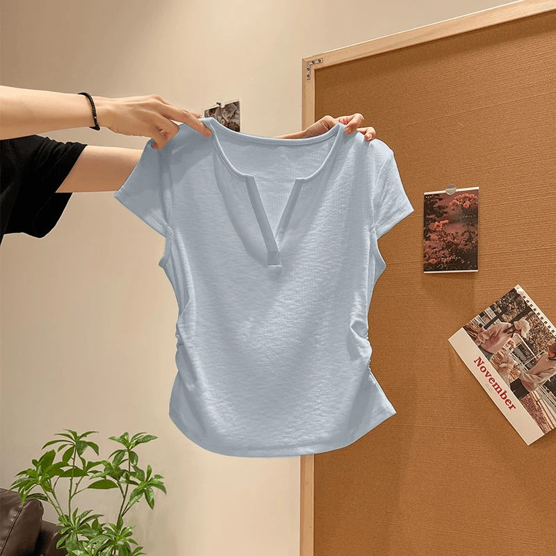 浅蓝色褶皱设计感时髦洋气衣服女短袖t恤夏季新款显瘦百搭上衣潮