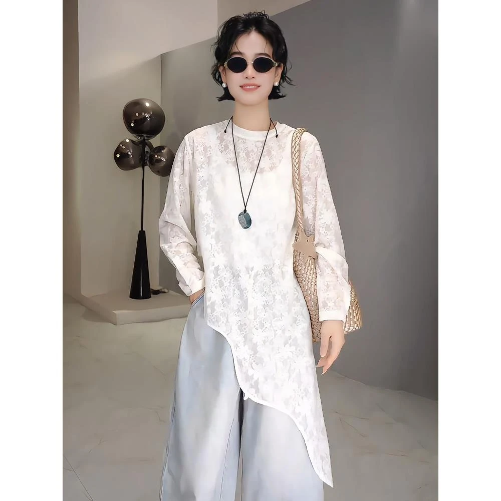 “云梦花海”春季复古圆领下摆提花小众叠穿打底小衫休闲洋气上衣女