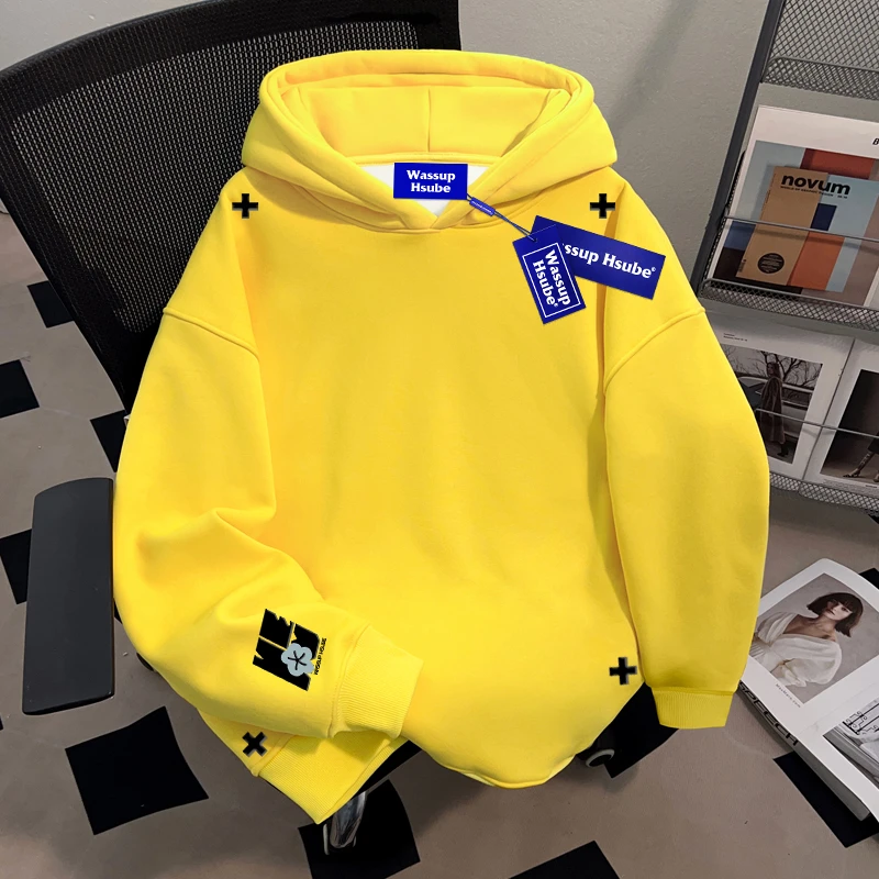 WASSUP HSUBE潮牌情侣美式小LOGO字母连帽卫衣男女款无口袋上衣服
