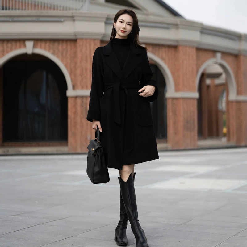 黑色外套显瘦中长款气质高档时髦羊绒羊毛双面呢大衣双面羊绒