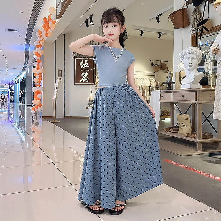 中大童洋气显瘦宽松时尚童装婴儿分体夏装宝宝波点长裤休闲套装