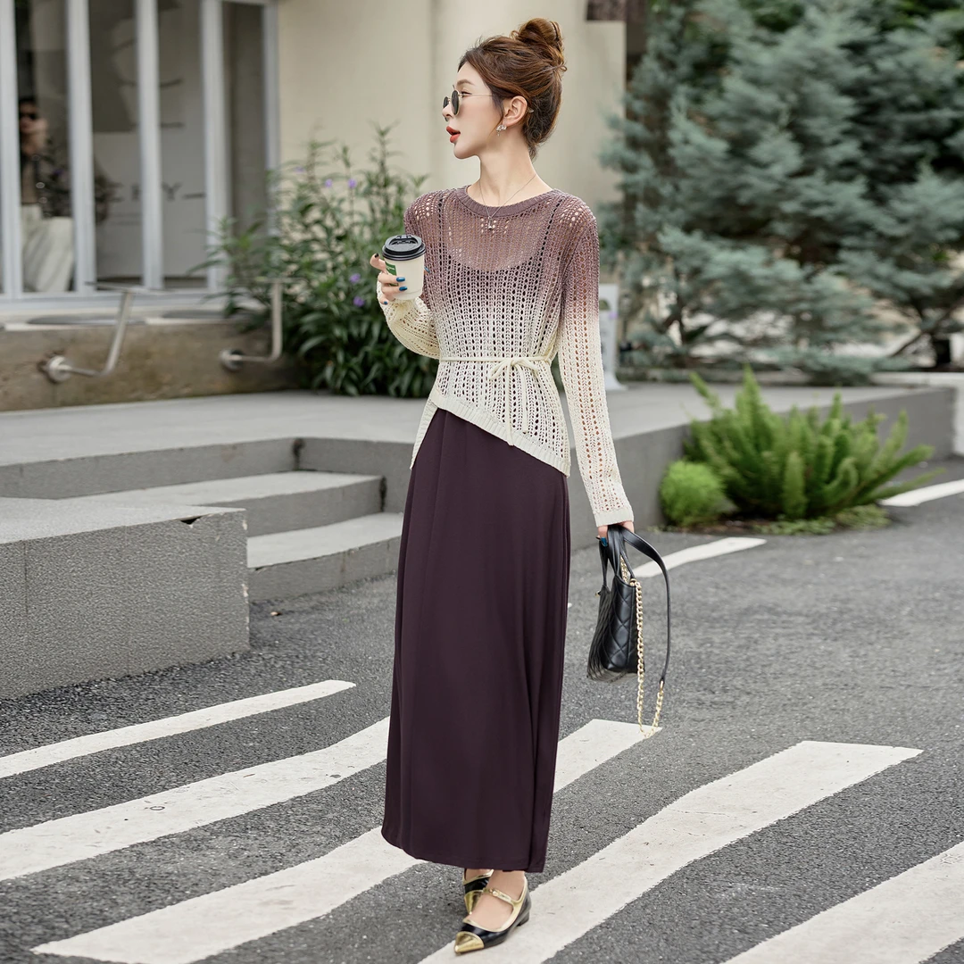 春秋吊带连衣裙女轻奢高级感独特超好看渐变色针织罩衫套装两件套