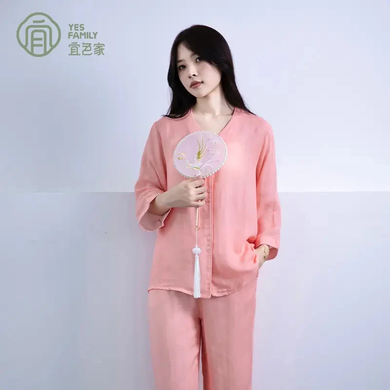 【老板专属】宜色家100%天丝双层纱新中式情侣夏季超薄短袖睡衣套装