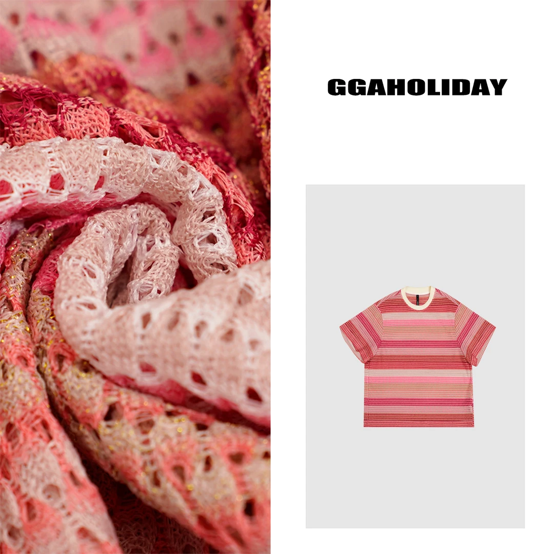 GGAHOLIDAY新款时尚宽松休闲针织条纹撞色短袖T恤透气上衣-152119