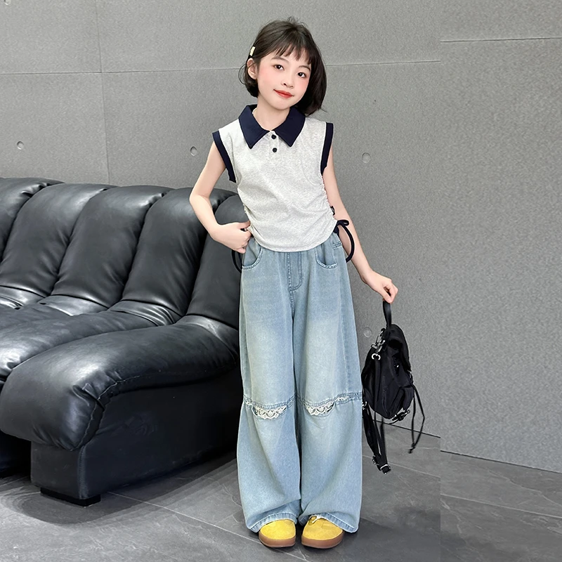 女童夏装2025新款洋气大童女孩时髦Polo衫拼接背心花边牛仔裤套装