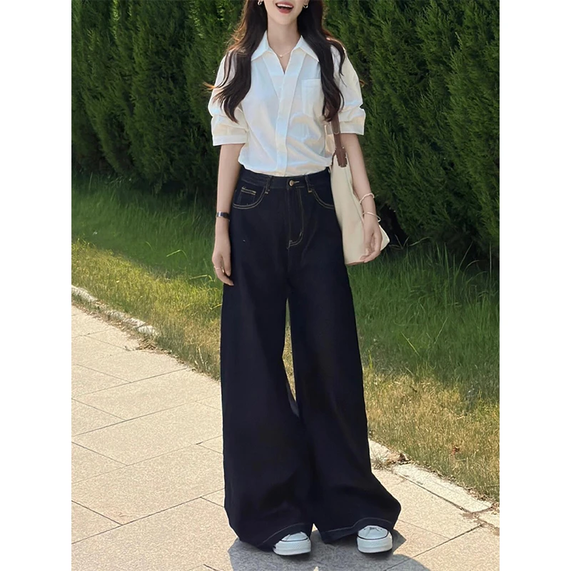 丹宁蓝A版阔腿牛仔裤女夏新款高腰宽松遮肉显瘦休闲直筒拖地裤子