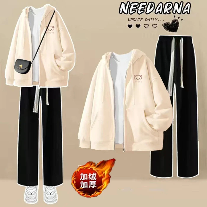 初高中学生秋冬季加绒加厚套装女新款韩板外套少女休闲运动两件套