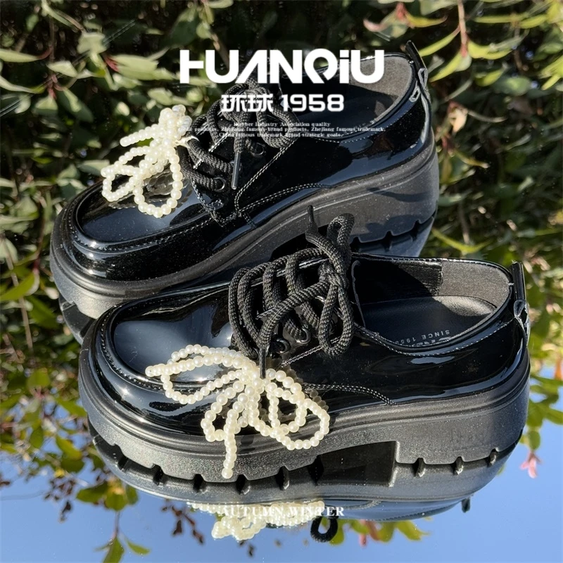 HUANQIU/环球小众复古百搭黑色休闲皮鞋2025春季新款厚底日系鞋女