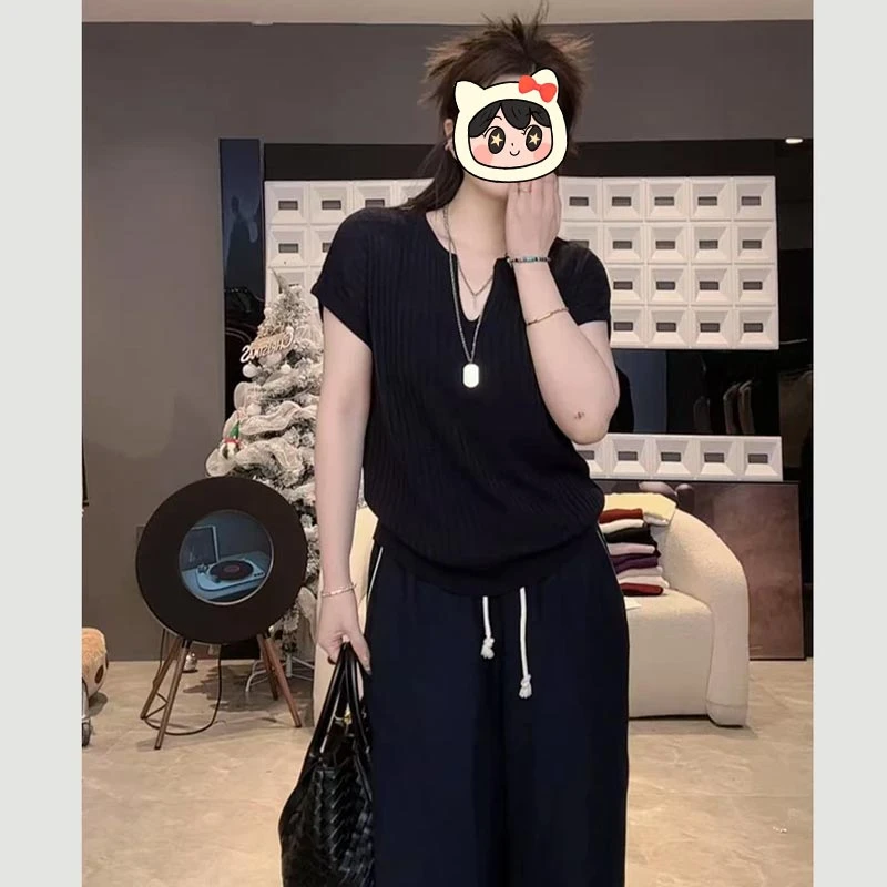 韩系v领短袖针织衫女2025年夏季新款慵懒风时尚纯色透气显瘦上衣