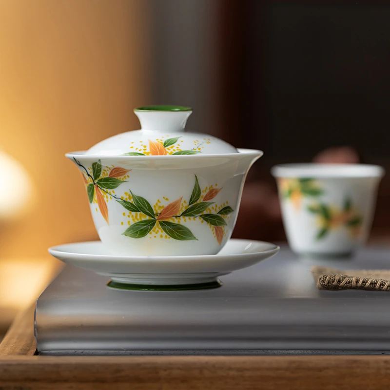 白瓷手绘桂花三才盖碗高端陶瓷泡茶碗家用防烫带盖茶碗功夫茶具