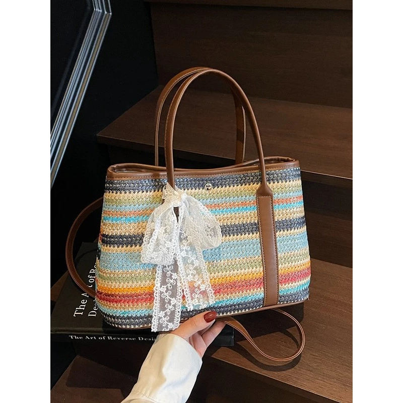 2025新款小清新甜美风编织感条纹草编时尚风潮流女包单肩包