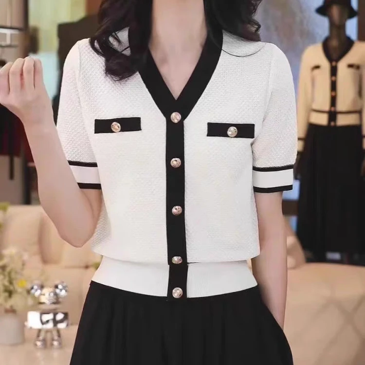 休闲小香风V领针织短袖女夏季t恤2025新款冰丝气质时尚薄款上衣女