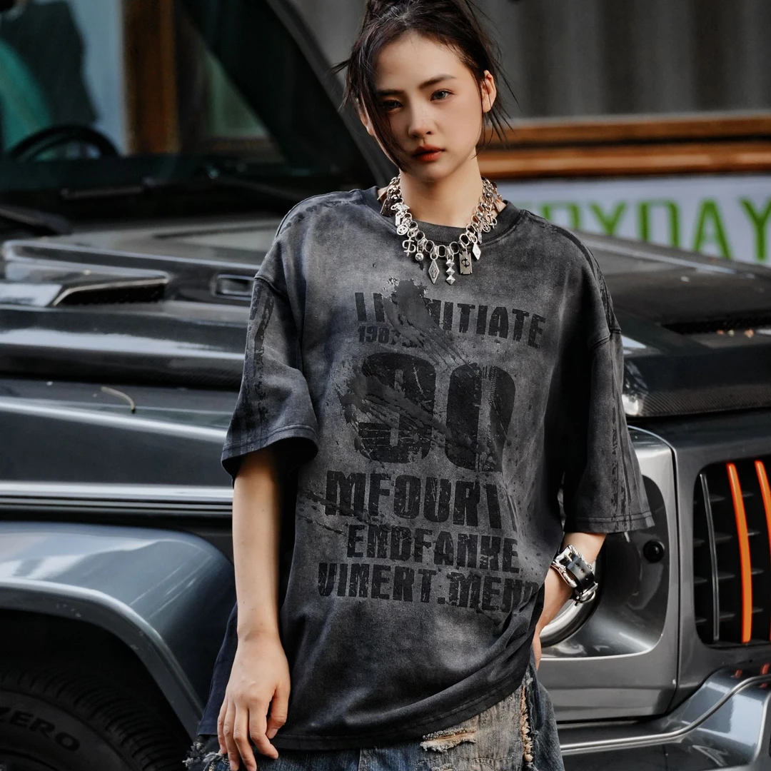 原创【90号】重磅涂鸦短袖拼接破洞扎染短袖高街潮牌痞帅半袖小众设